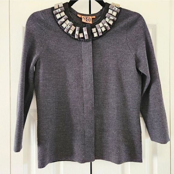 Tory Burch Charcoal Women's Cardigan Bejeweled Collar Charcoal Size XS - Picture 1 of 8